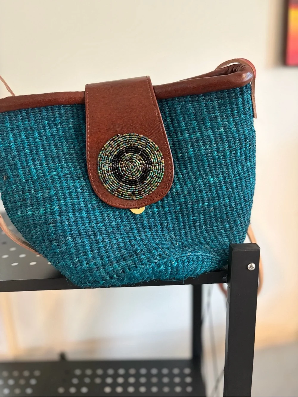 Teal Woven Clutch with Brown Leather Trim and Beaded Accent - Picture 1 of 8
